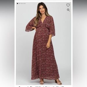 Pink Blush Burgundy Floral V-Neck Maternity Maxi Dress